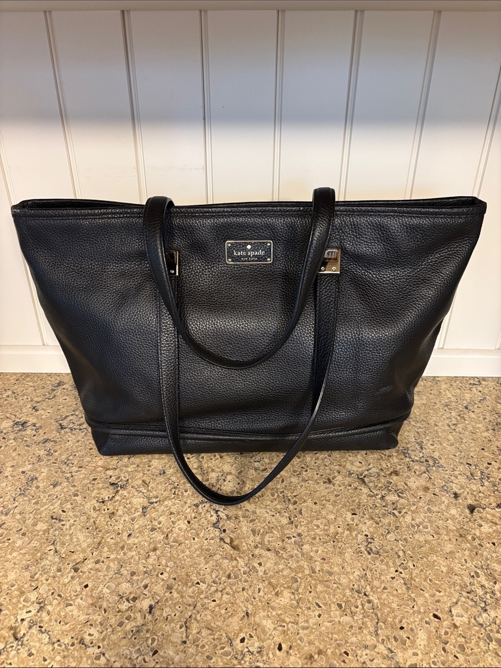 kate spade Black Pebbled Leather Open Tote Shoulder Handbag with Logo Plaque